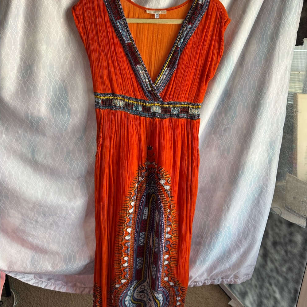 Indian Summer Orange and Blue details 100% Cotton Maxi Dress